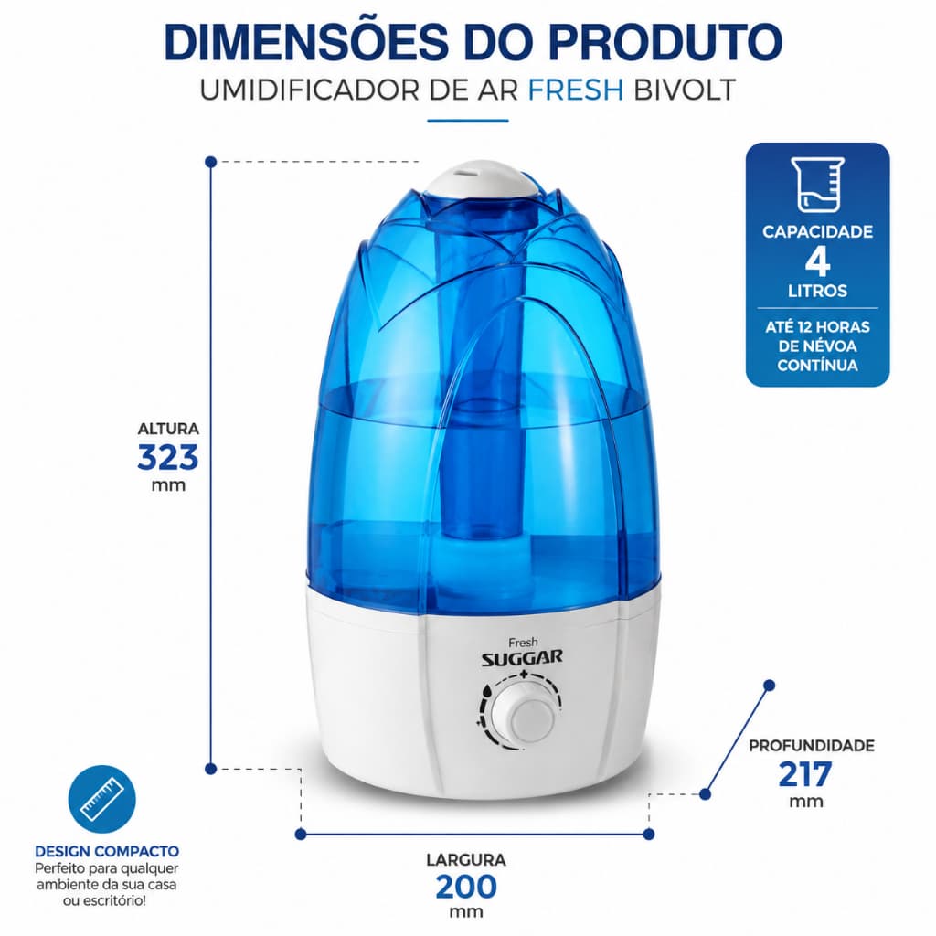 Umidificador de Ar Suggar Fresh 4 Litros Até 12 Horas Névoa Contínua