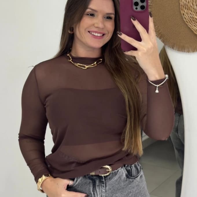 Blusa Tule Manga Longa Transparente Segunda Pele Academia Treino Festa Fashion Casual