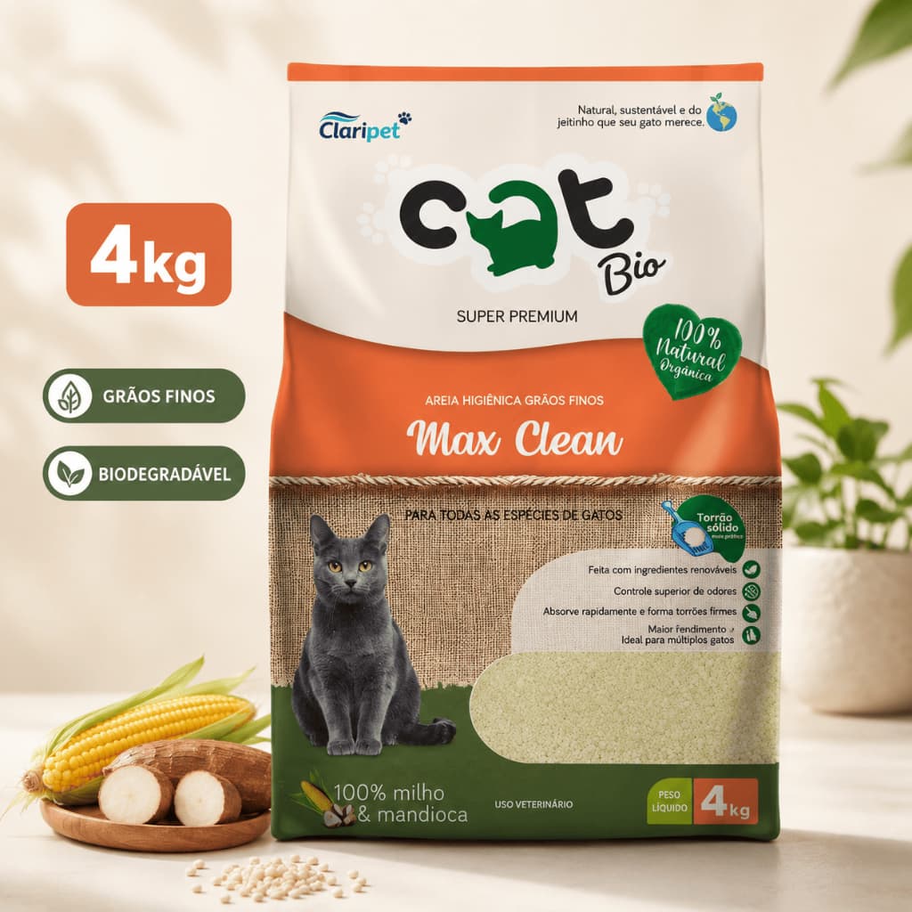 Areia Catbio 4kg Max Clean Biodegradável Pá Higiênica Grãos Finos Milho Mandioca Torrões Firmes Gato