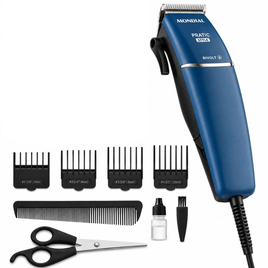 Maquina Cortador de Cabelos Pratic Style Mondial Bivolt Azul 8 Acessórios