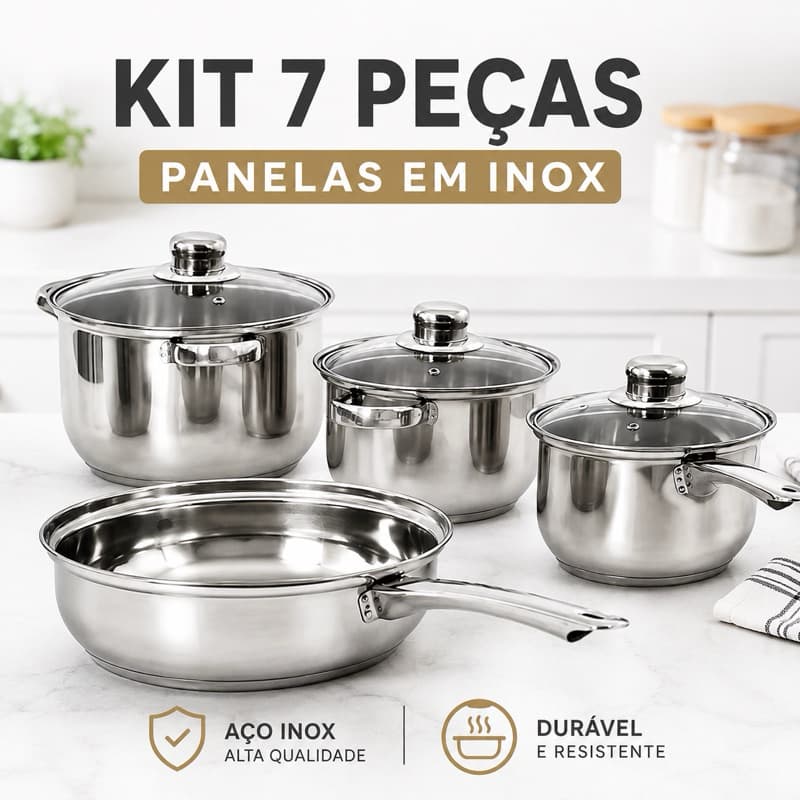 Jogo de Panelas Inox 7 Peças com Tampa Antiaderente Durável Fundo Triplo Cozinha Moderna Alta Qualidade