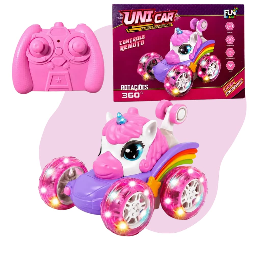 Carro Unicórnio USB Acrobático Brinquedo com Som, Luz e Giro 360