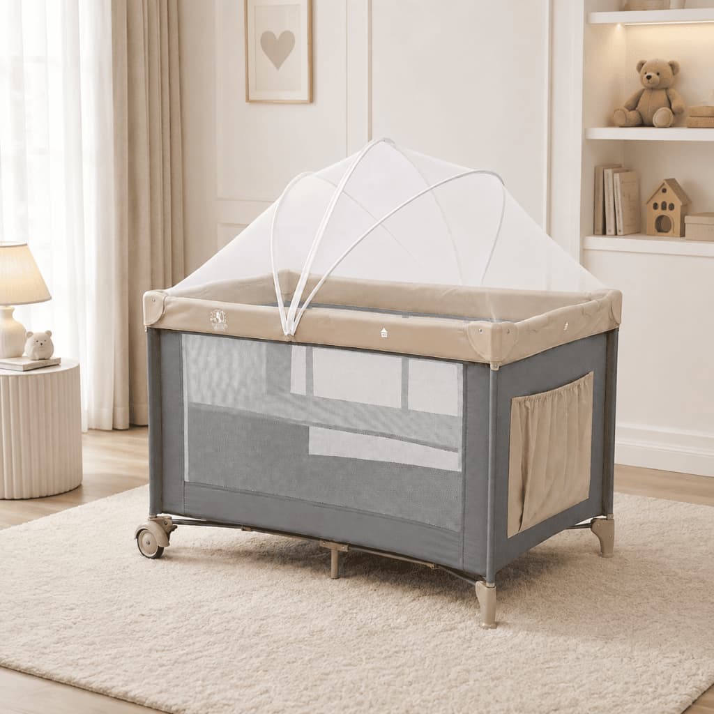 Berço Portátil World Baby Bebê Dobrável com Trocador Mosquiteiro Com Rodinhas