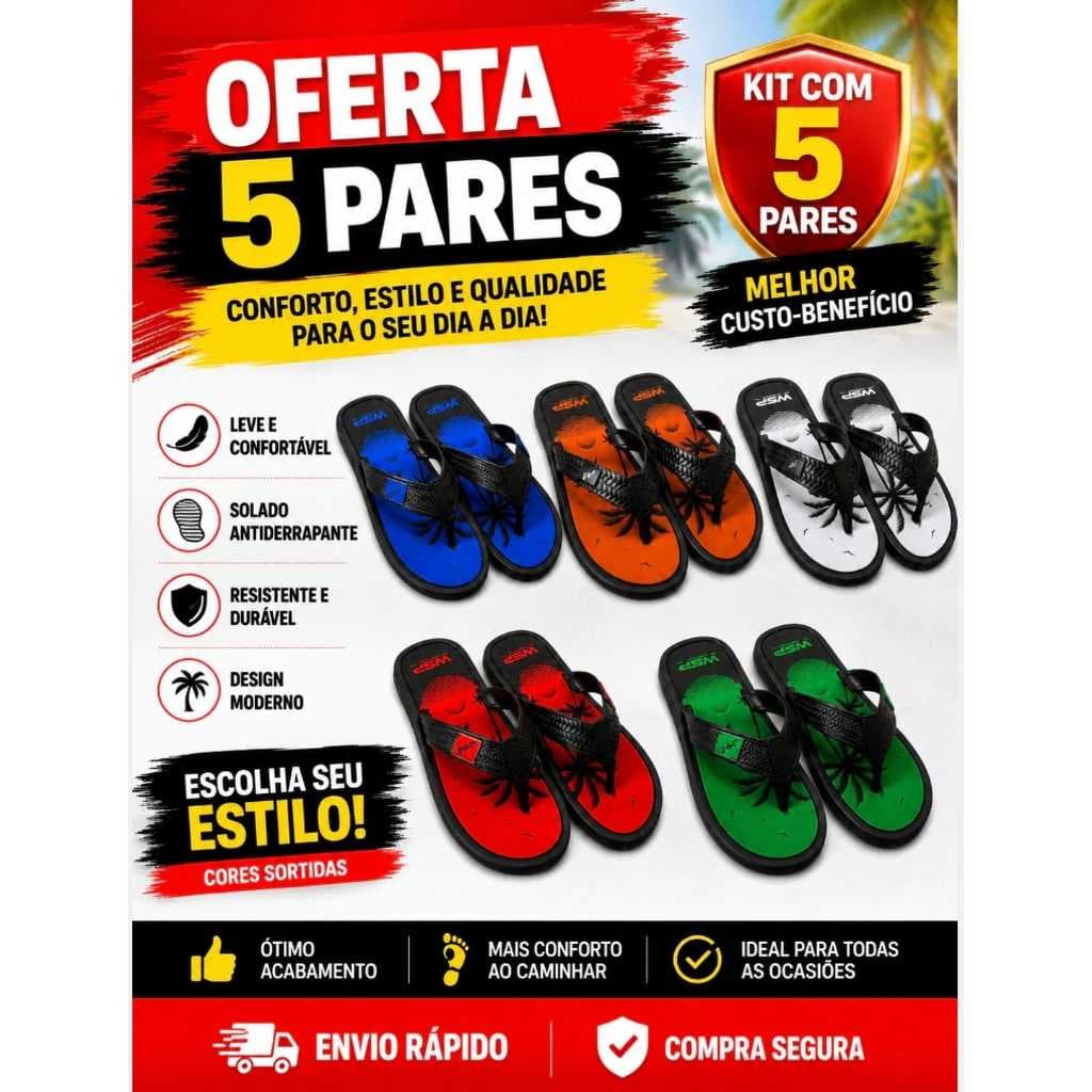 kit 5 Pares Chinelo Masculino Casual  Chinelo Masculino Leve e Durável  Chinelo Masculino Ideal para Praia e Piscina