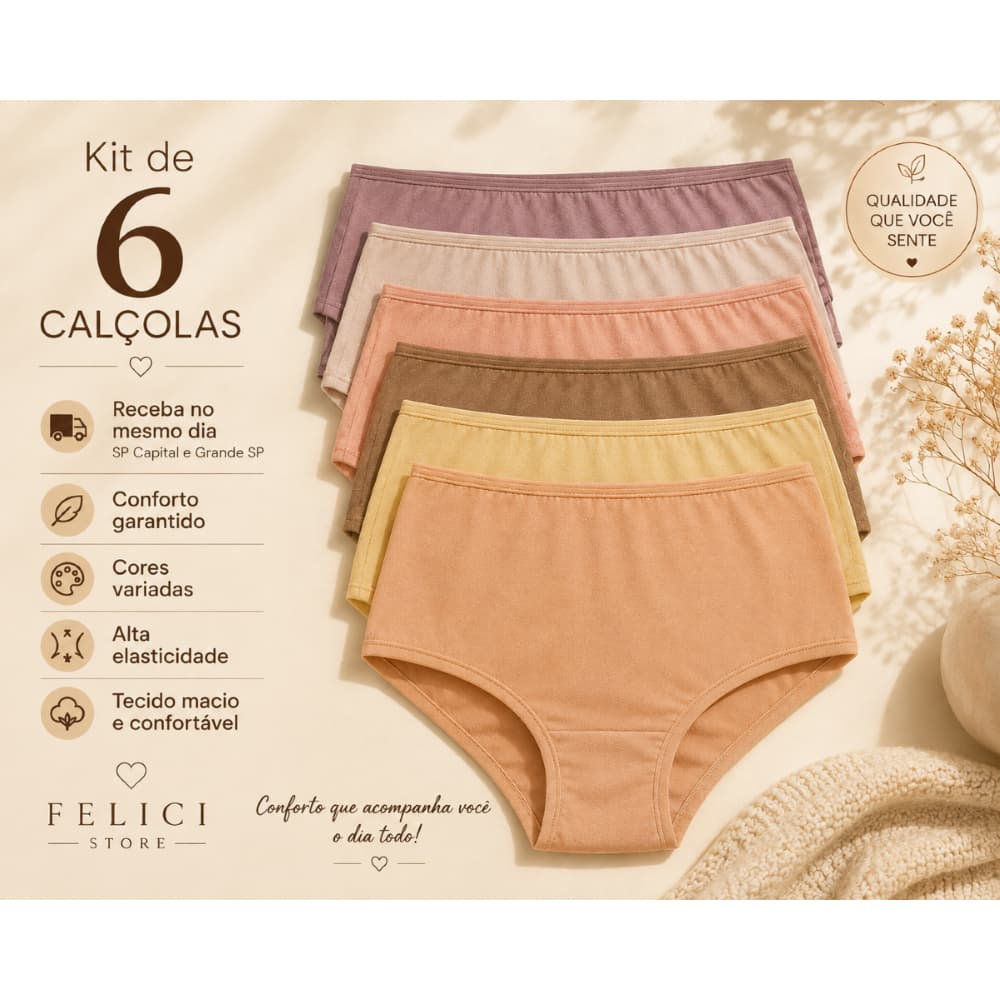 Kit 6 Calcinha Calçola Para Senhoras P ao GG Plus SIZE 100% Algodão  Confortável