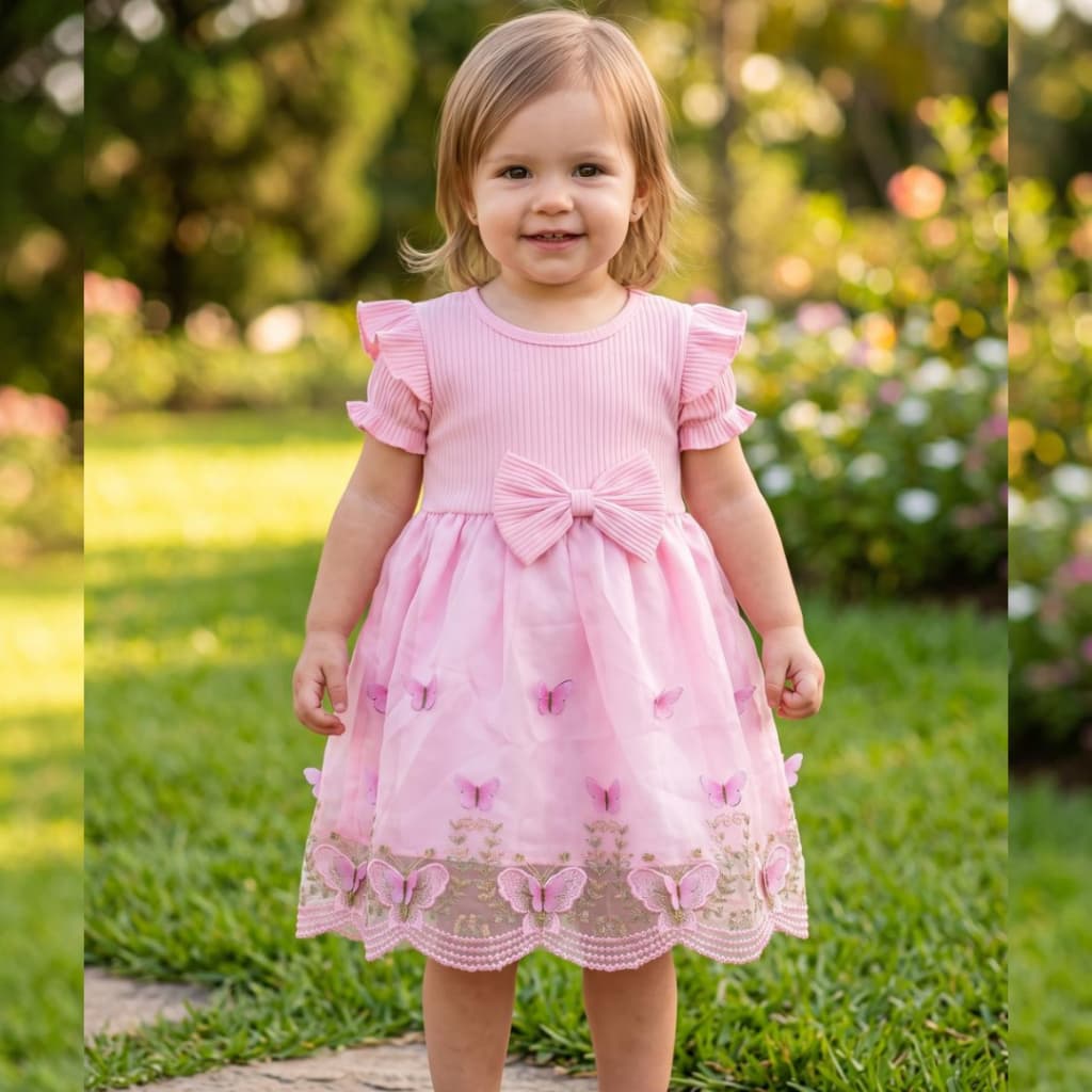 Vestido Rosa Infantil Menina Borboletas Tulê Verão Feminino look  feminina criança 1 Ano - roupa blogueirinha chique