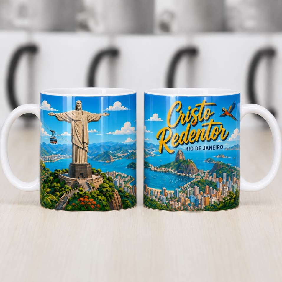 Caneca Xícara Cristo Redentor e Bondinho | Lembrancinha do Rio de Janeiro | Porcelana 325 ml
