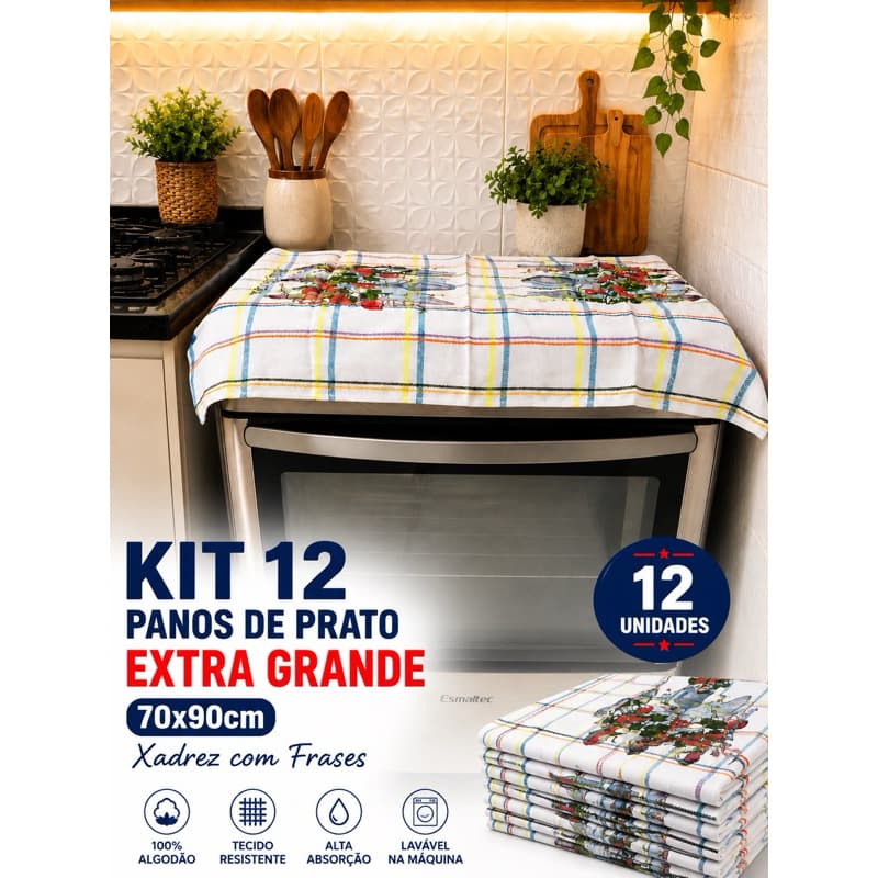 Kit 12 Pano de Prato Cobre Tudo Extra Grande Xadrez 70x90cm