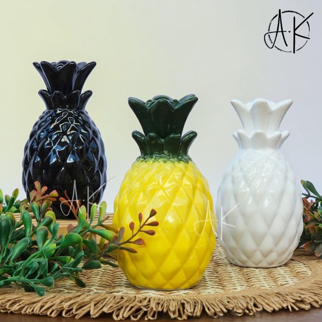 Abacaxi Decorativo Cerâmica Esmaltada Enfeite Cozinha Mesa Posta Tropical Havaí Praia 6x13