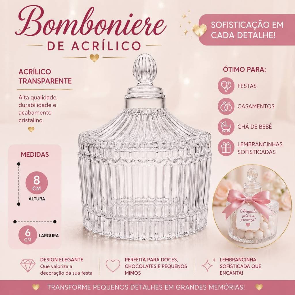 Bomboniere de Acrílico 8cm Altura x 6cm Largura - Pote Doceira Decorativa Luxo - Ideal para Casamento Aniversário Festa