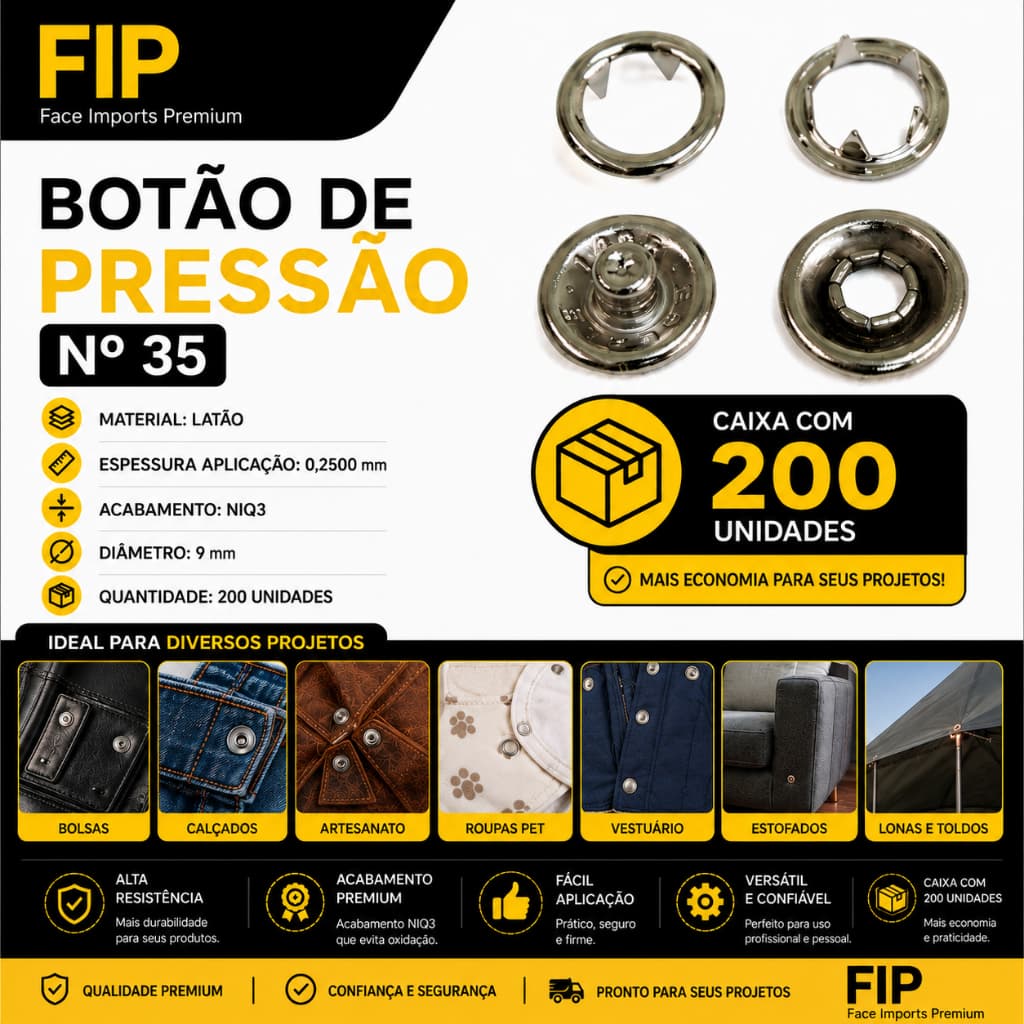 Botão de Pressão Nº 35 9mm Latão 200 Unidades Melhor qualidade