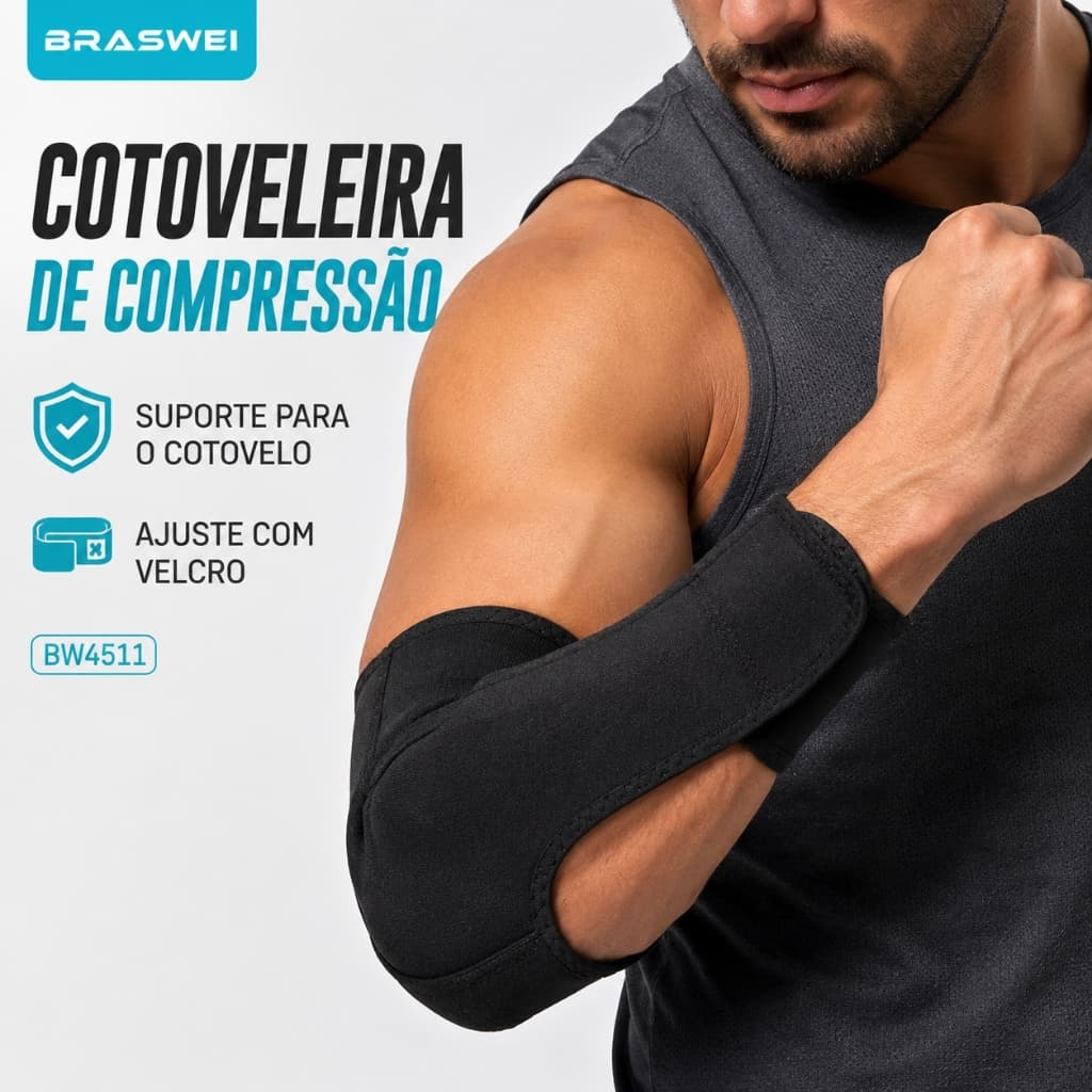 Cotoveleira de Compressão Ajustável com Velcro para Treino Academia e Esportes BW4511 BRASWEI