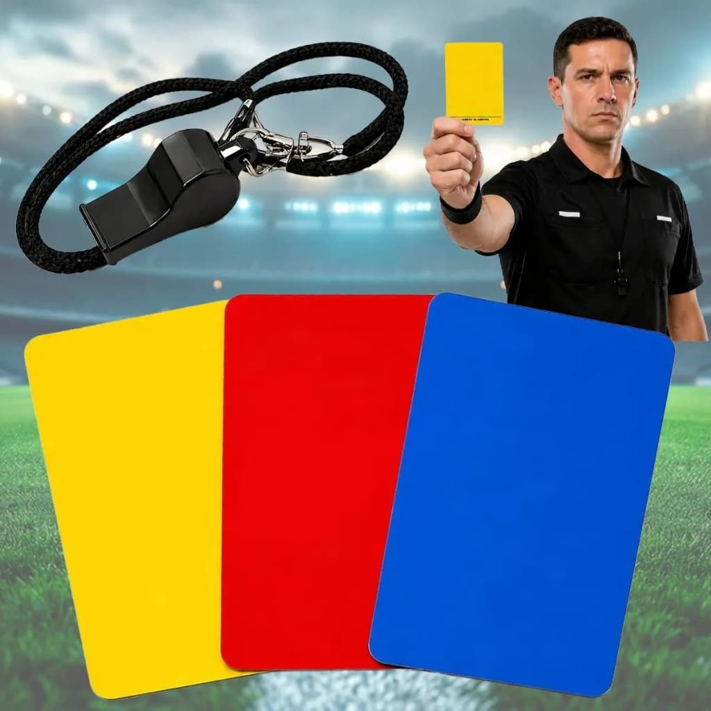 Kit Cartão Amarelo Vermelho Azul + Apito Com Cordão Arbitro