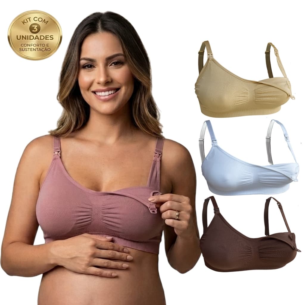 Kit 3 Sutiã Amamentação Reforçado Com Bojo Removível Sutiã Gestante Maternidade Confortável Alças Largas P ao GG Premium