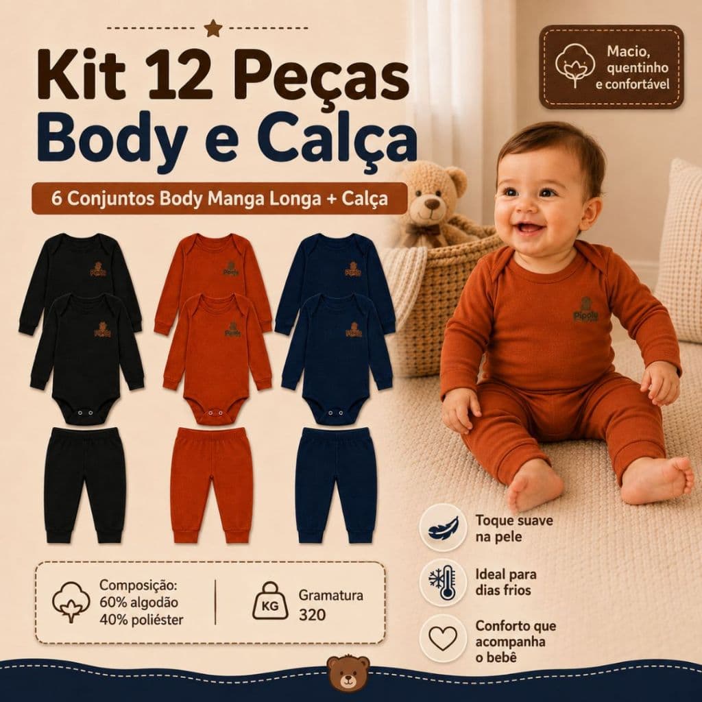 Kit 12 Peças Pipolê Menino 6 Conjuntos Body Manga Longa e Calça para Bebê