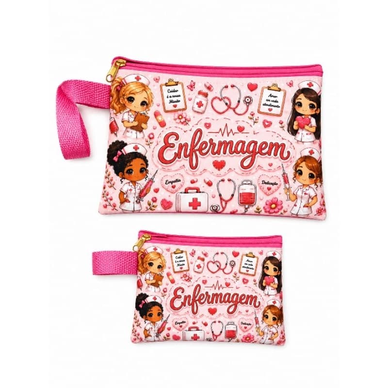 Kit 2  Necessaires Enfermagem Rosa Grande + Pequena | Presente para Enfermeira Necessaire Enfermagem dia a dia