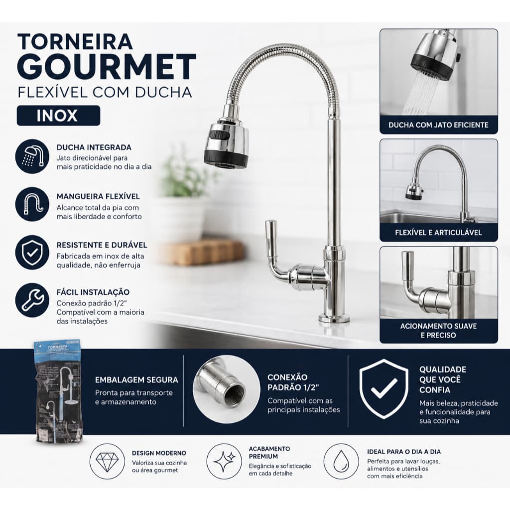 Torneira Flexível Mesa Gourmet Bica Móvel Aço Inox Ducha 12 Polegadas Alta Qualidade