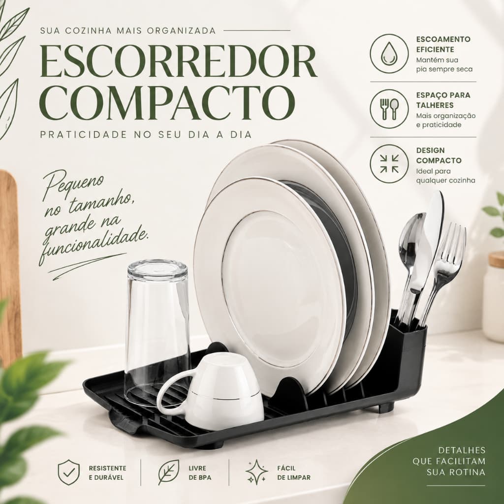 Escorredor de Louça Compacto 4 Pratos Copos Talheres com Bica Preto
