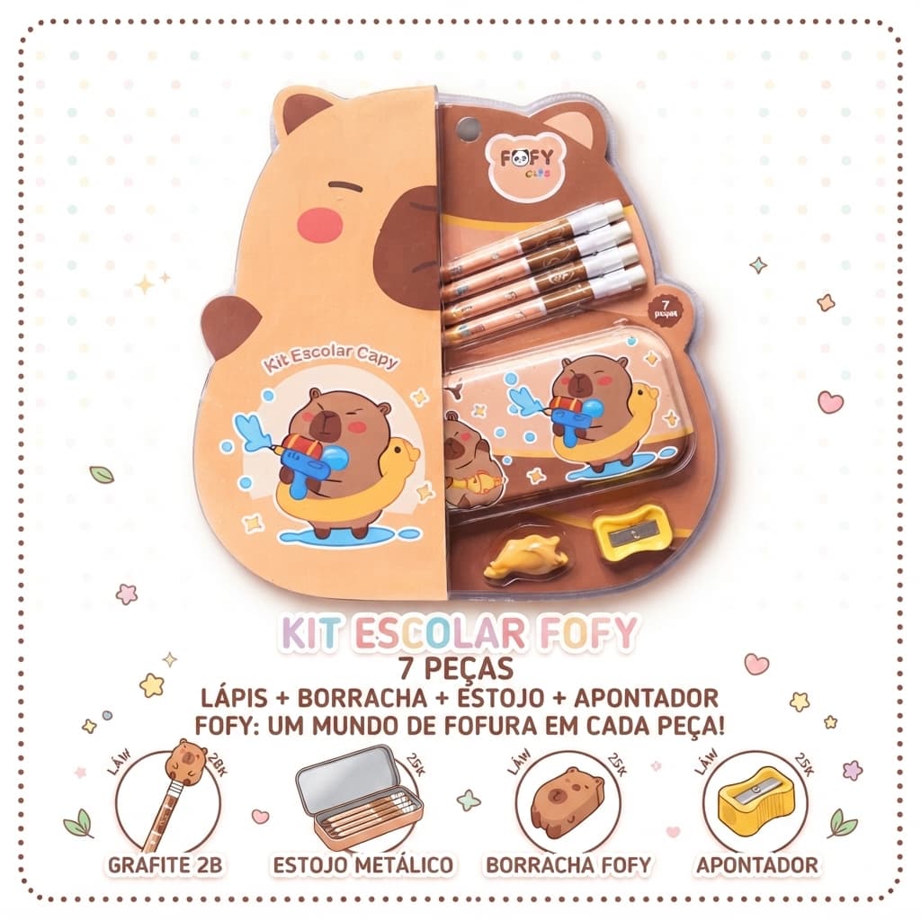 ​Kit Escolar Fofy Capivara Fofy 7 Peças Lápis Borracha Estojo Apontador Kawaii Presente Fofo