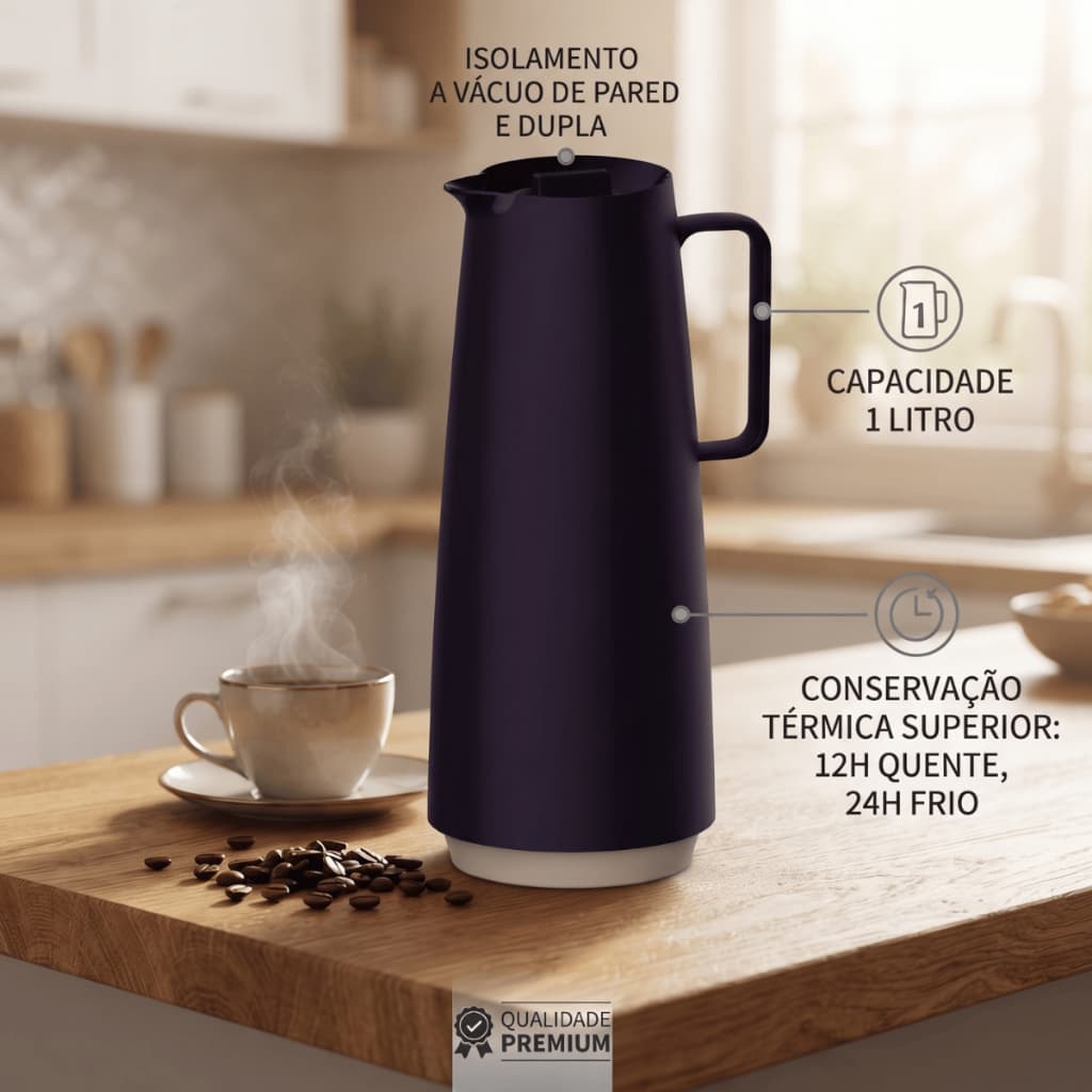 Bule / Garrafa Térmica Preto 1 Litro Premium com Isolamento a Vácuo com Ampola de Vidro