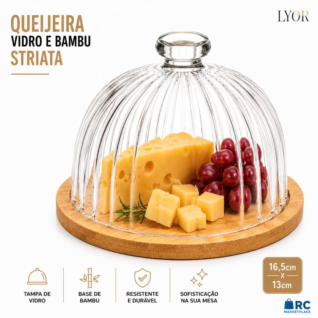 Queijeira de VIDRO e Base de Bambu Striata 16,5cm x 13 Vidro - Lyor