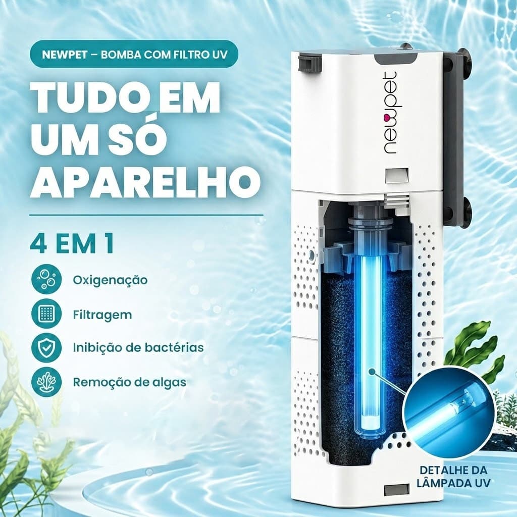 Bomba Filtro Interno UV Aquário Newpet 500 L/H 4 em 1 Anti Algas Água Cristalina 60Hz