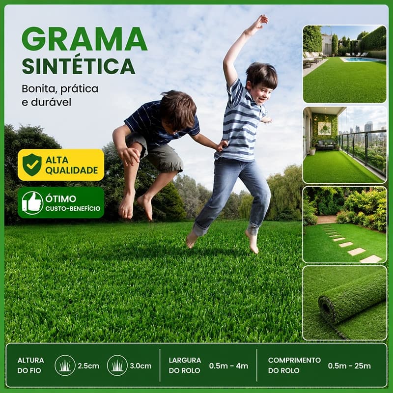 Grama Sintética Artificial 1m x 0,5m x 3cm — Gramado Premium Verde para Jardim, Varanda, Área Infantil e Pet