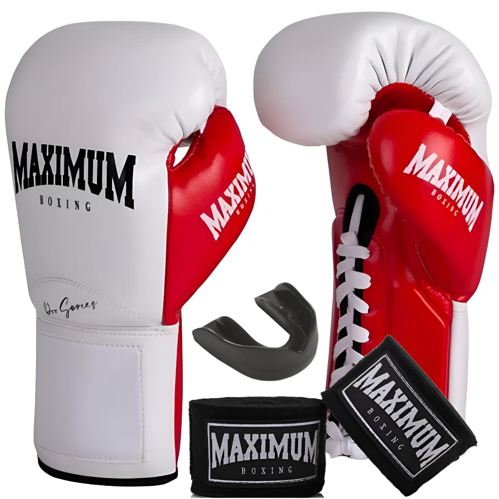 KIT LUVA DE BOXE PROFISSIONAL BRANCO/VERMELHO COM CADARÇO + BANDAGEM + PROTETOR BUCAL - MAXIMUM
