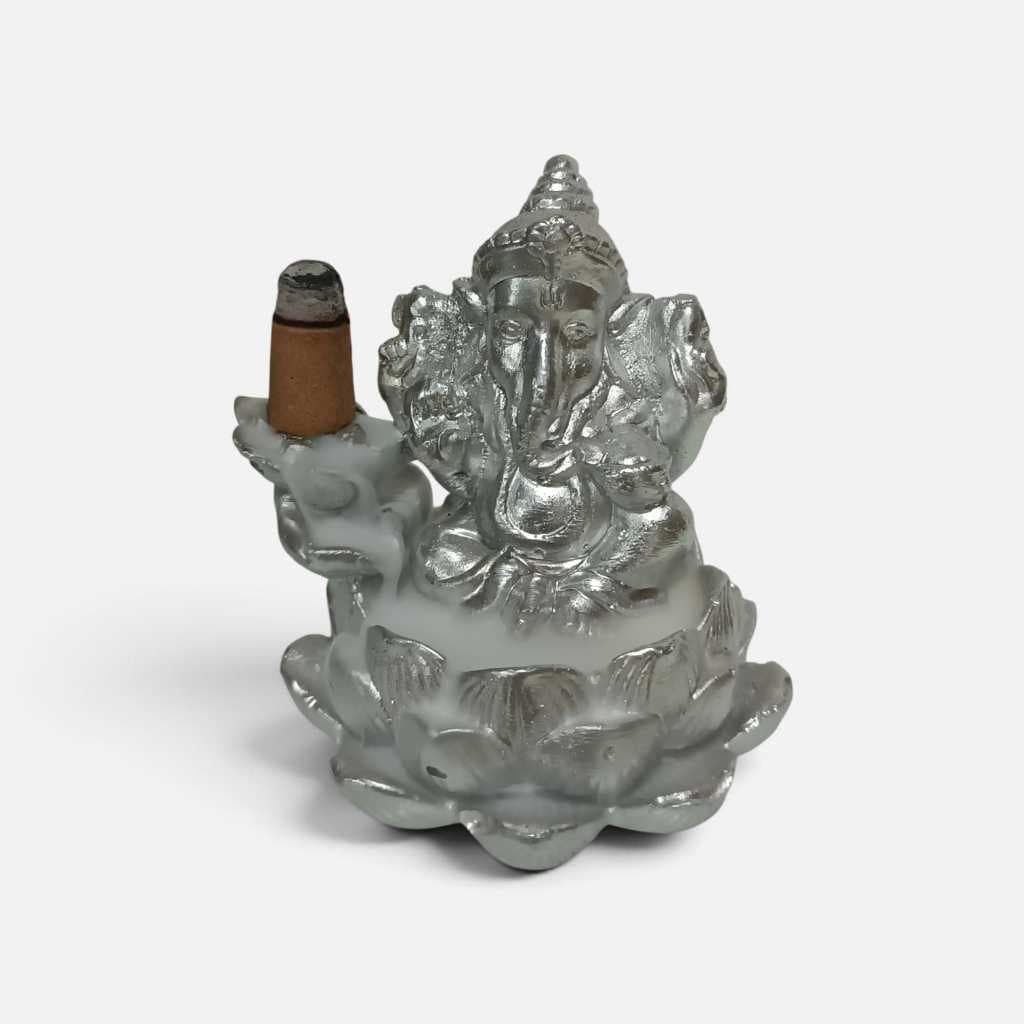 Incensário Ganesha efeito cascata flor de lótus prata
