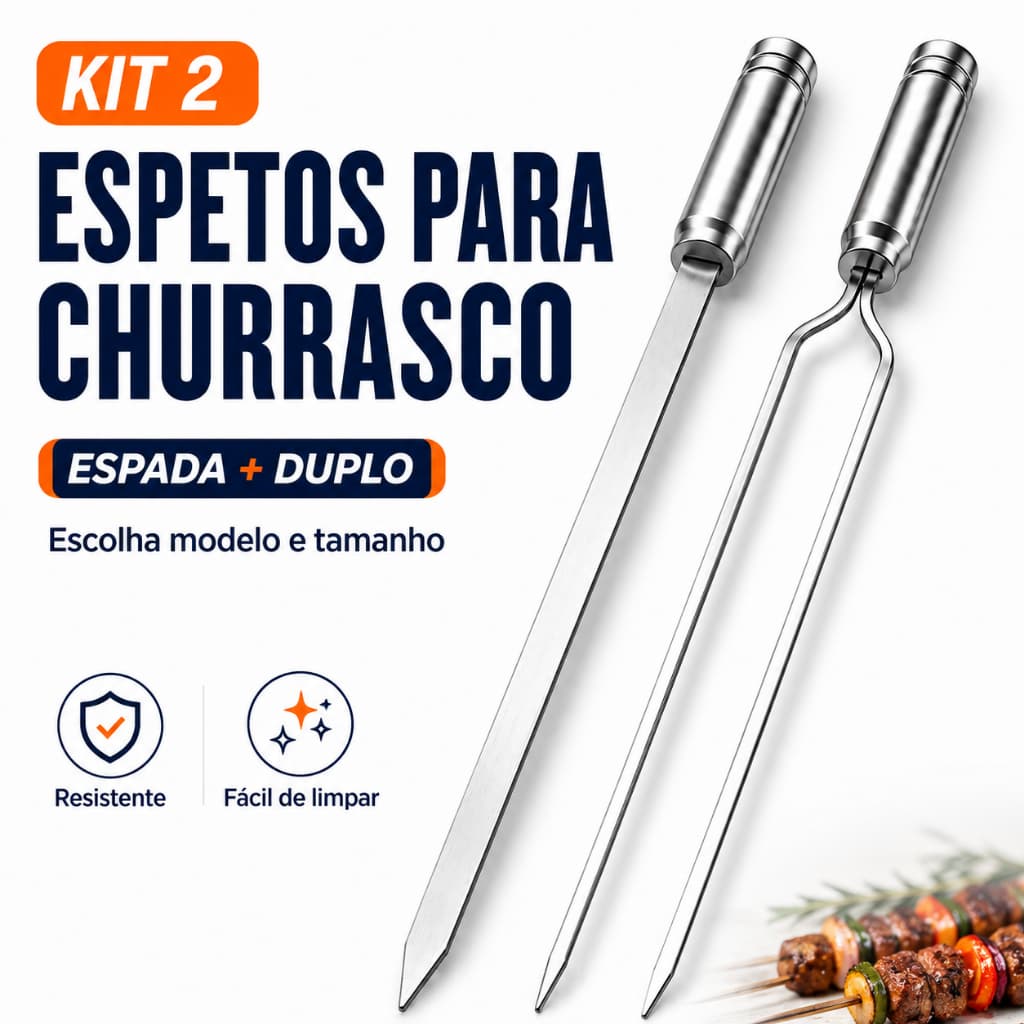 Kit 2 Espetos para Churrasco Espada Duplo 40 50 60 70 80cm Aluminio Reforçado Churrasqueira Profissional
