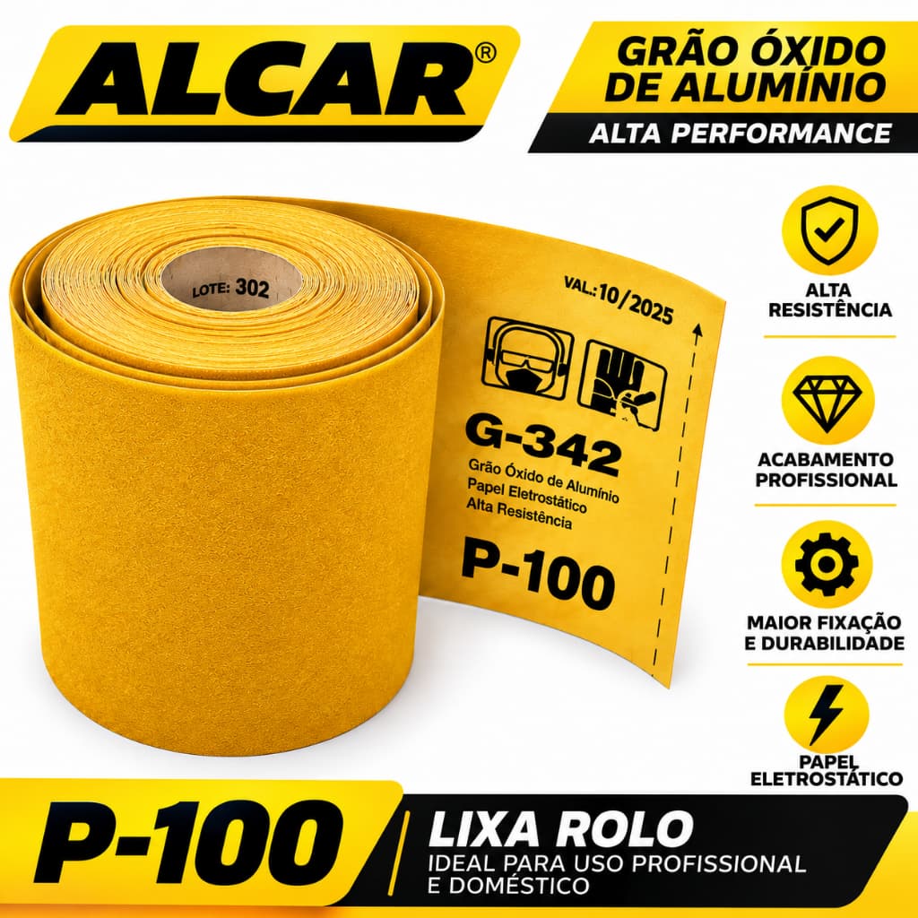 Lixa Amarela Rolo 5 Metros Grão 100 Madeira Ferro Massa 115 mm