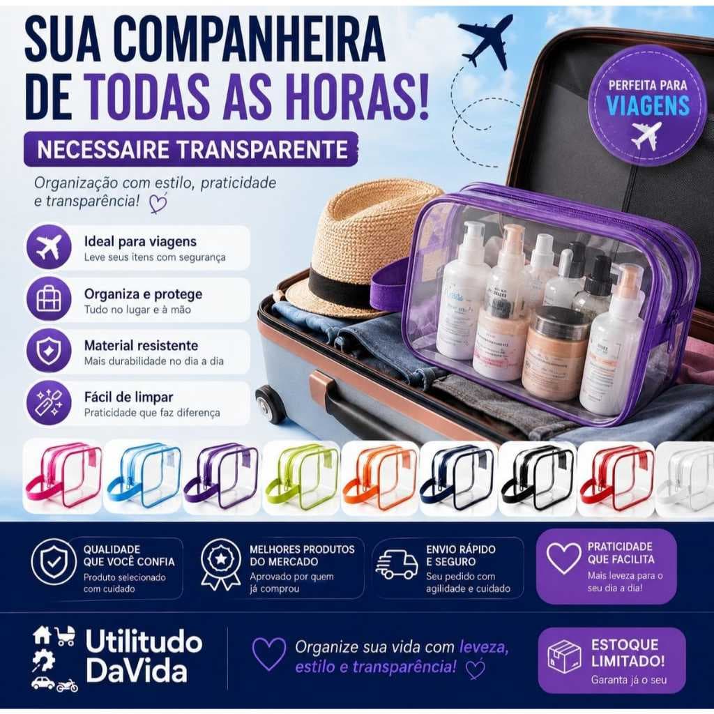 Bolsa Necessaire Trasparente PVC Organizador de Cosmético Porta Objetos Cores Sortidas