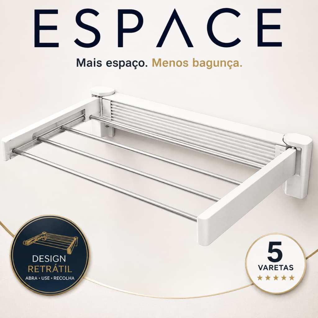 Varal Retrátil ESPACE 5 Varetas Dobrável de Parede Branco Economia de Espaço
