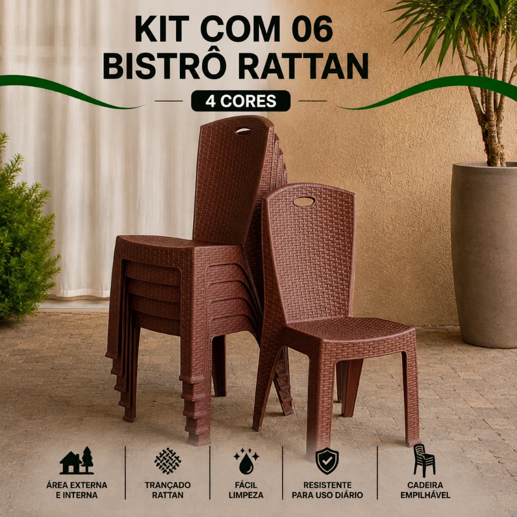 Kit 6 Cadeiras Bistrô Rattan Reforçada Empilhável Escritório Varanda Piscina Salão Jardim Área Lazer