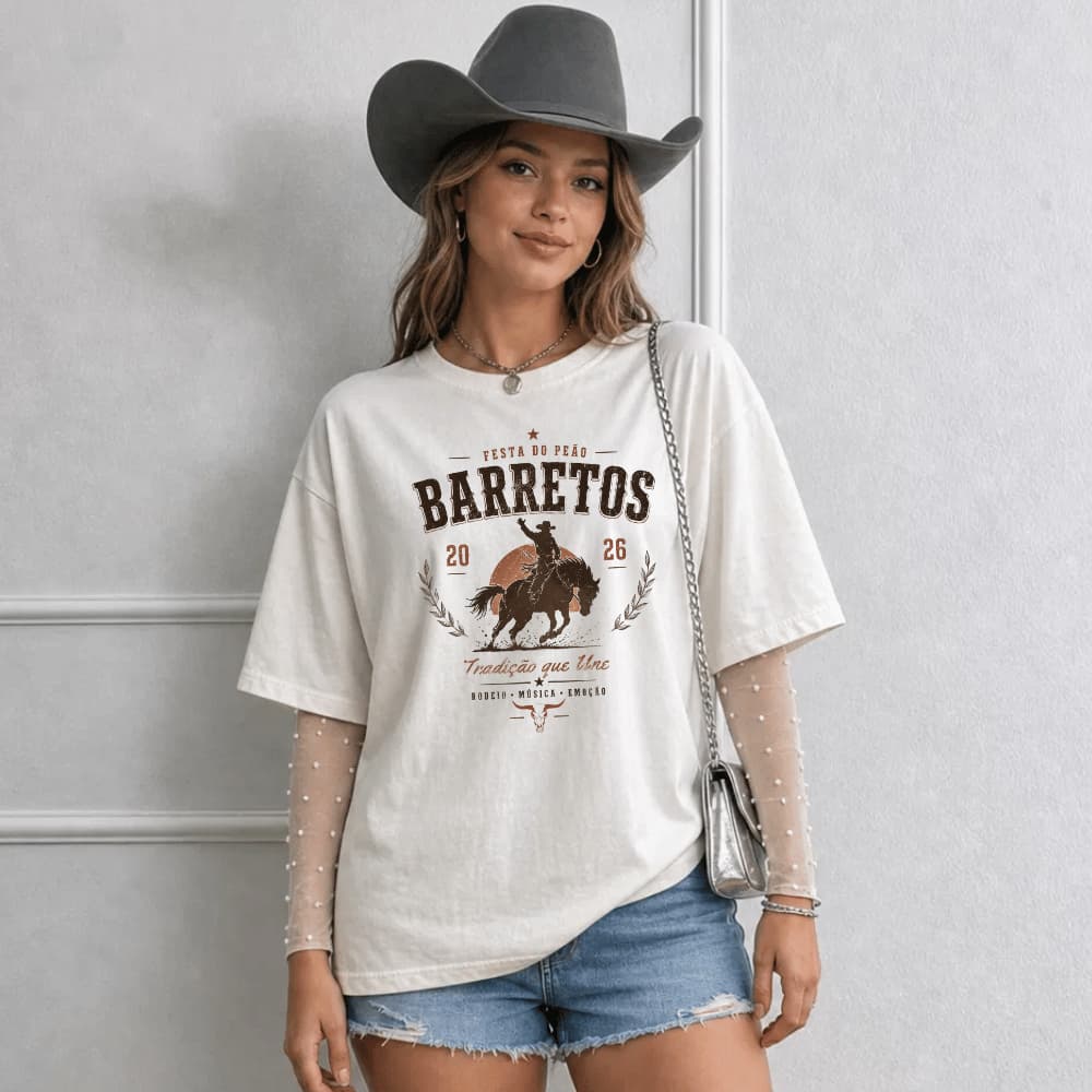 Camiseta Feminina Rodeio Country Barretos 2026 Festa de Peão Blusa Estilosa Tshirt Agro
