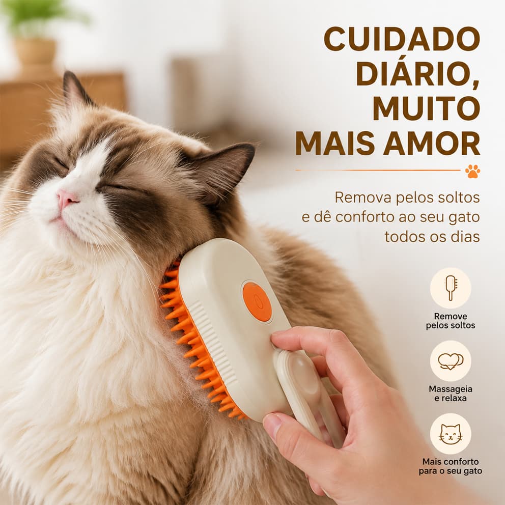 Escova Elétrica a Vapor 3‑em‑1 para Cães e Gatos | Higiene, Banho a Vapor e Massagem Pet