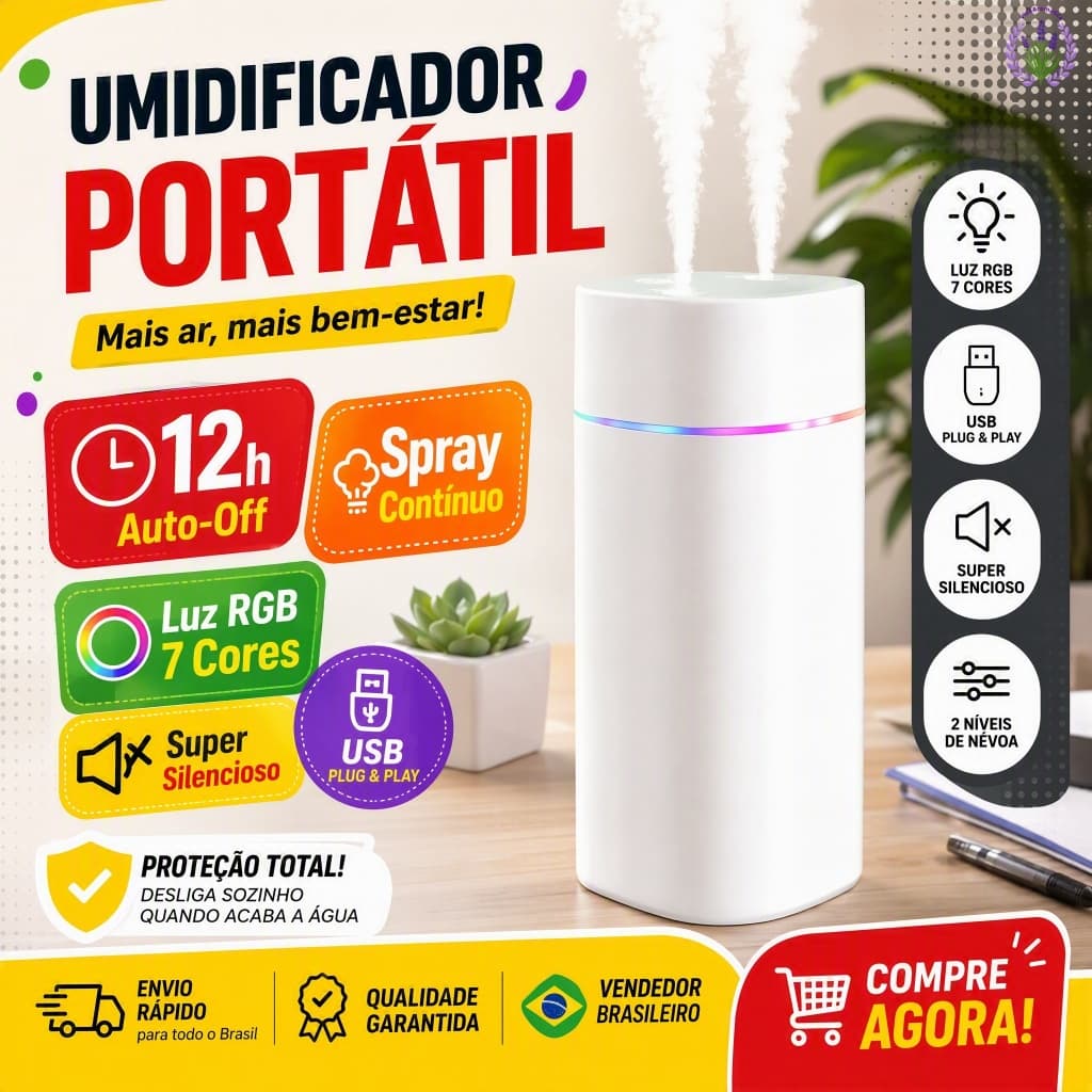 Umidificador De Ar E Difusor Aromatizador Grande De Ambiente 600ml ​Bico Duplo Portátil Led Usb