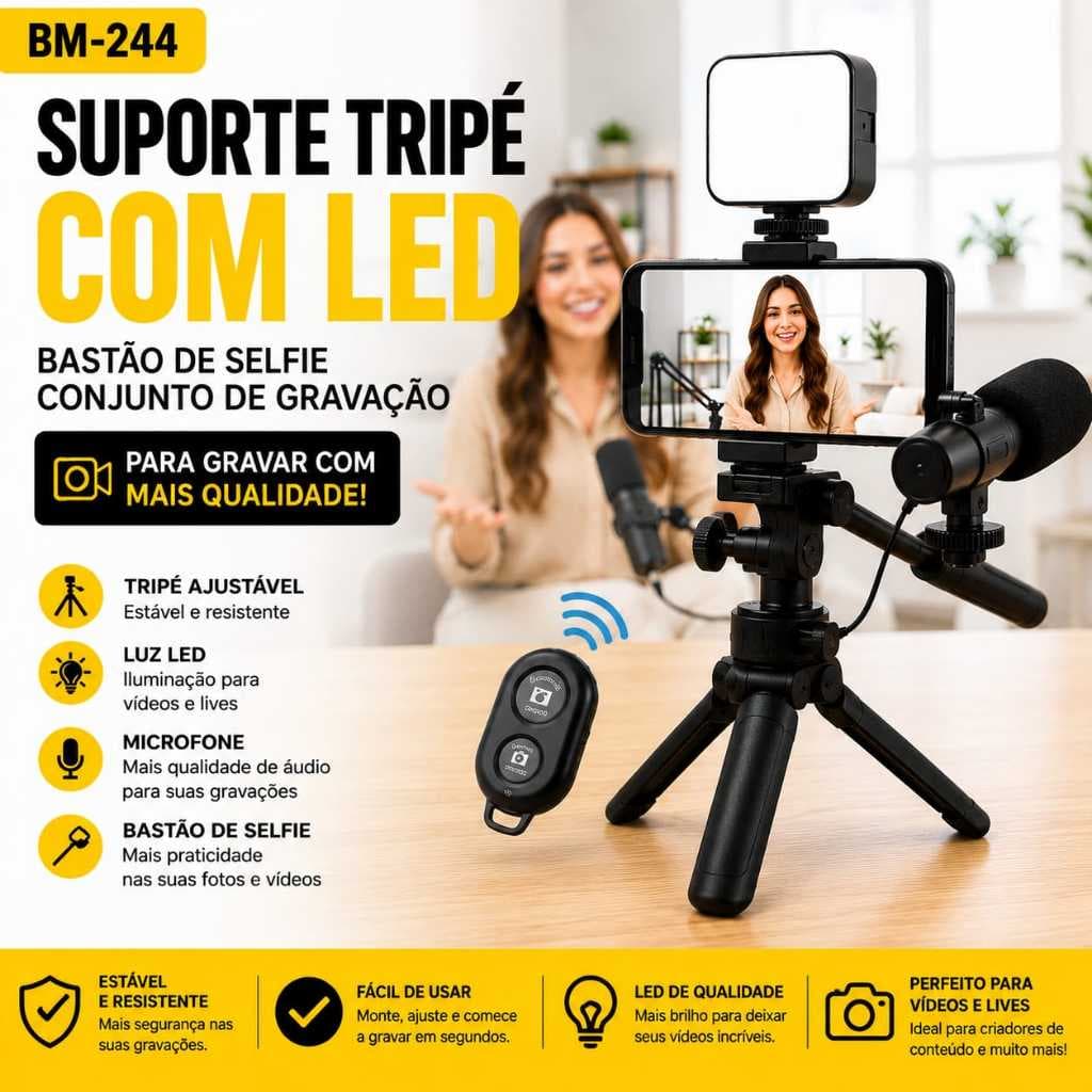 Kit Tripé para Celular LED 2 em 1 Fotografia Vídeos e Lives Microfone BM244