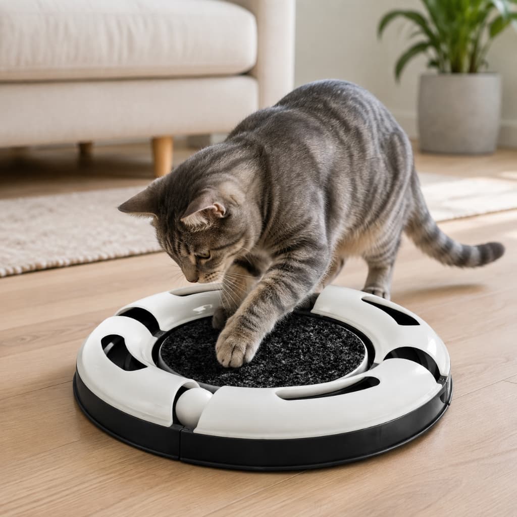 Arranhador Interativo Redondo Para Gato Com Bolinha Miau Jel Plast Anti Stress
