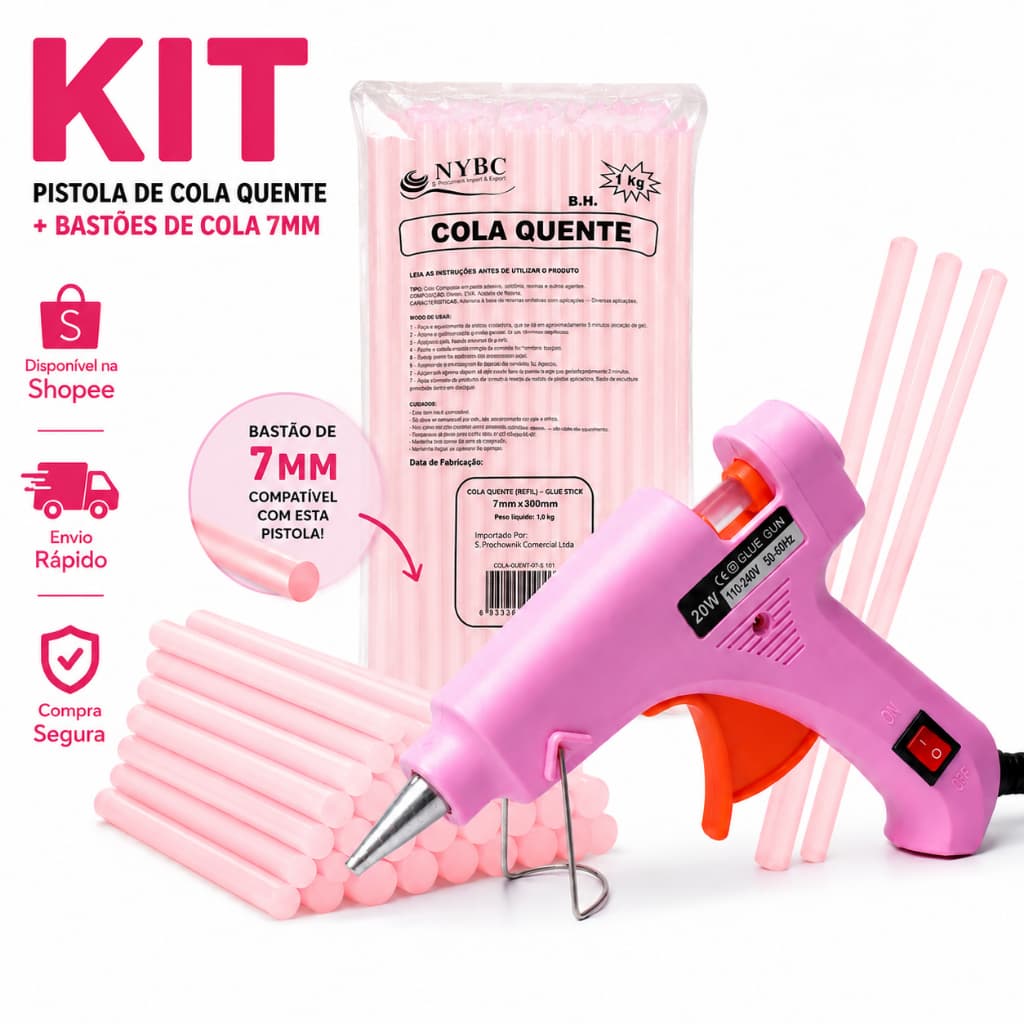 KIT PISTOLA DE COLA QUENTE ROSA + 10 BASTÕES ROSA 7MM