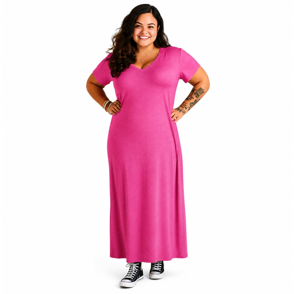 Vestido Midi Plus Size Feminino Gola V com Fenda Lateral Viscolycra Manga 3/4