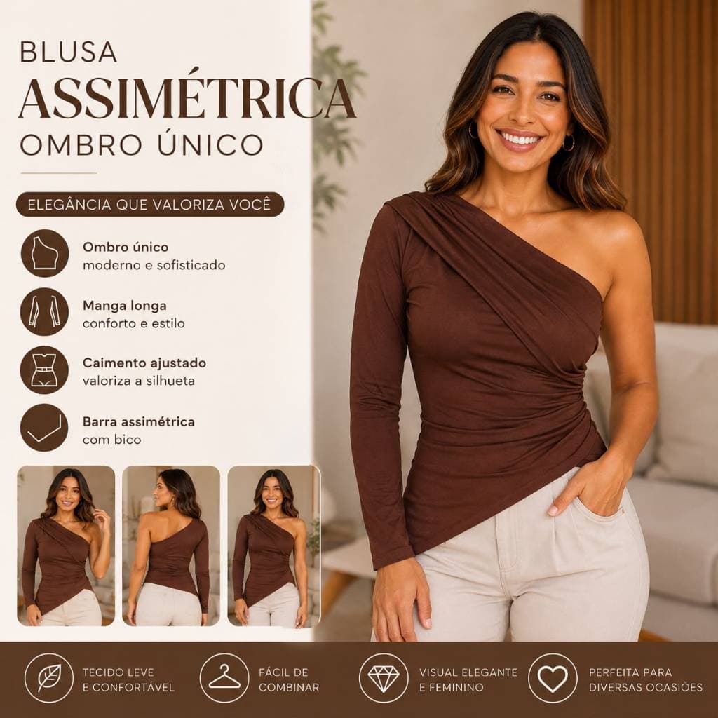 Blusa Feminina Um Ombro Só em Suplex Premium Manga Longa Mula Manca Assimétrico Drapeada Elegante Moderna Festa