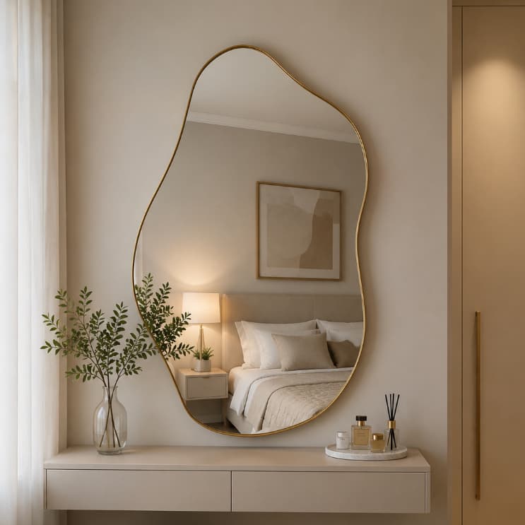 Espelho Grande Orgânico Decorativo De perede Borda Couro Dourada Banheiro Quarto Sala Closet Dubai A 90 x L 50