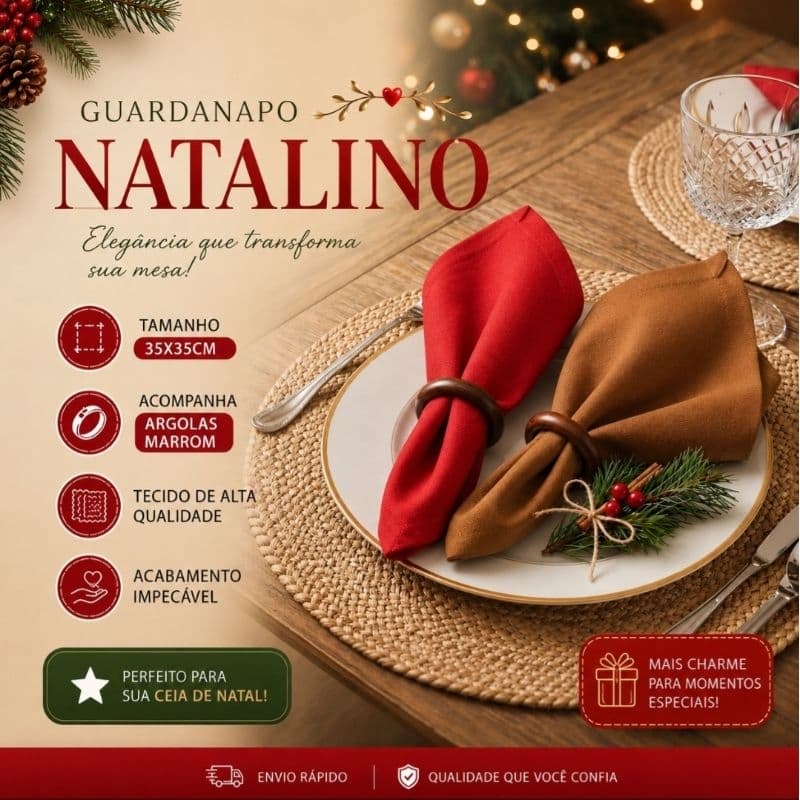 ​Kit Guardanapo Natalino 4 ou 6 Unidades 35x35 com Argolas Marrons Mesa Posta Natal