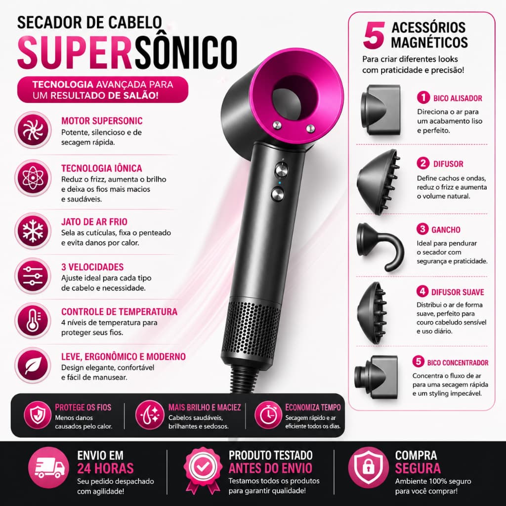 Secador de Cabelo Profissional Turbo Total Potência Ar Quente e Frio Iônico com 5 Acessórios Magnéticos 110V