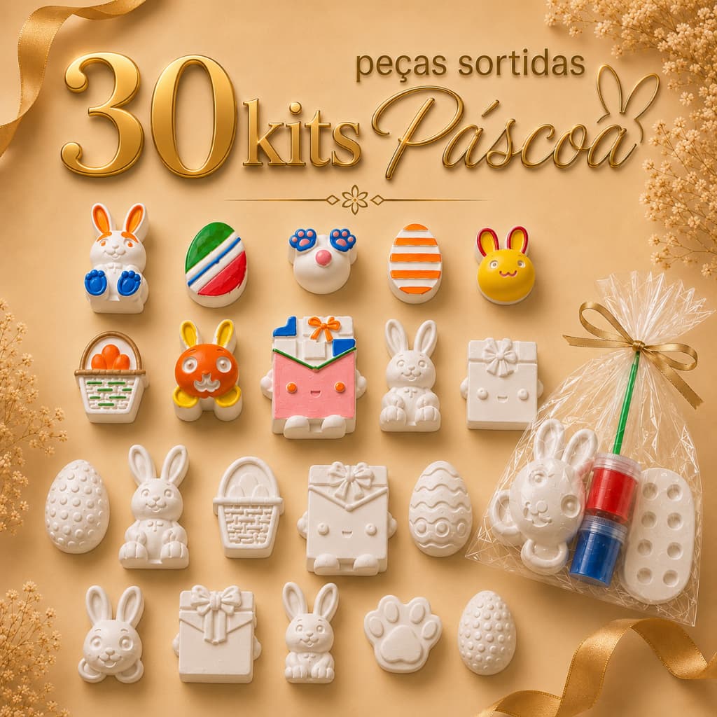 Kit 30 Lembrancinhas Pintura Infantil 2 Gesso Cru 1 Pincel 2 Guaches Crianças Pascoa Ovos Coelho