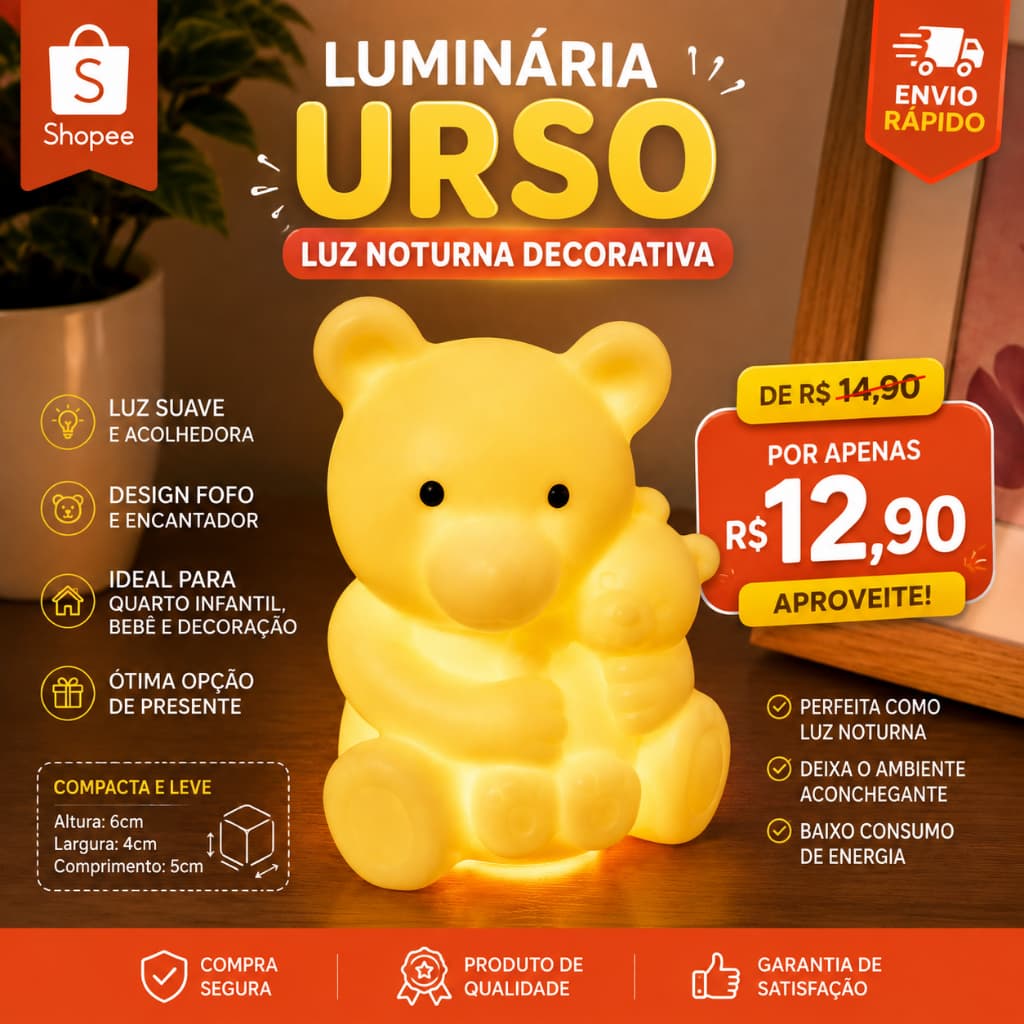 Luminária Urso LED Infantil – Luz Noturna Decorativa para Quarto de Bebê e Criança