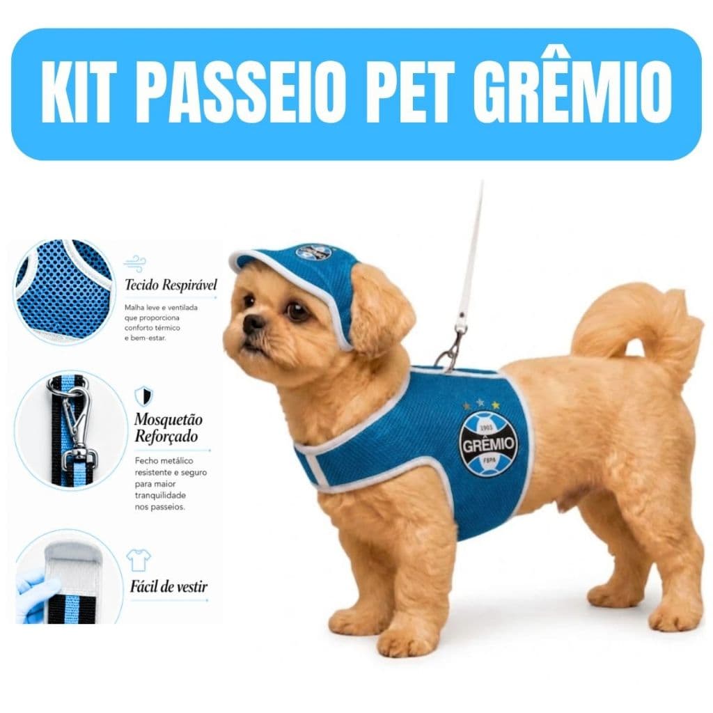 Kit Grêmio Colete Peitoral cachorros e gatos Time de Futebol gremiog com Guia 1 Metro