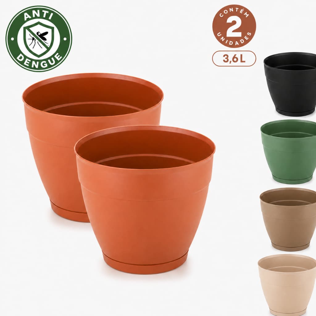 Kit 2 Vaso Redondos 3,6L Prato Anti-Dengue Plástico Interno Externo Resistente Planta