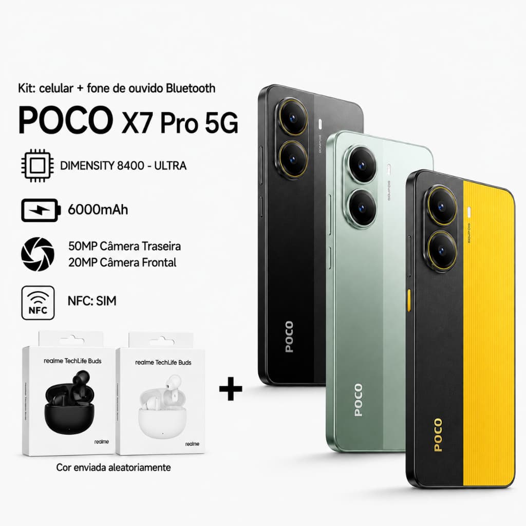 Xiaomi Poco X7 PRO 5G Global  | Dimensity 8400-Ultra | Kit + Fone Realme Techlife Buds (Novo, Lacrado, Garantia, NF-e, E